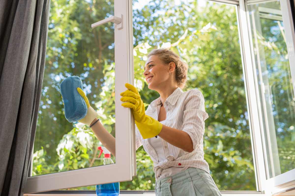 woman cleaning windows in her home
