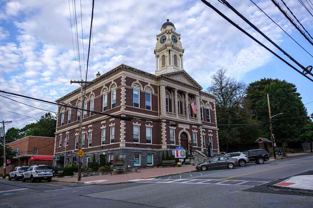 Town Hall of Irvington, NY exterior on a blue sky day