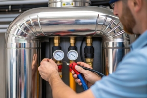 Technician Checking Fluid Levels in Geothermal Heat Pump