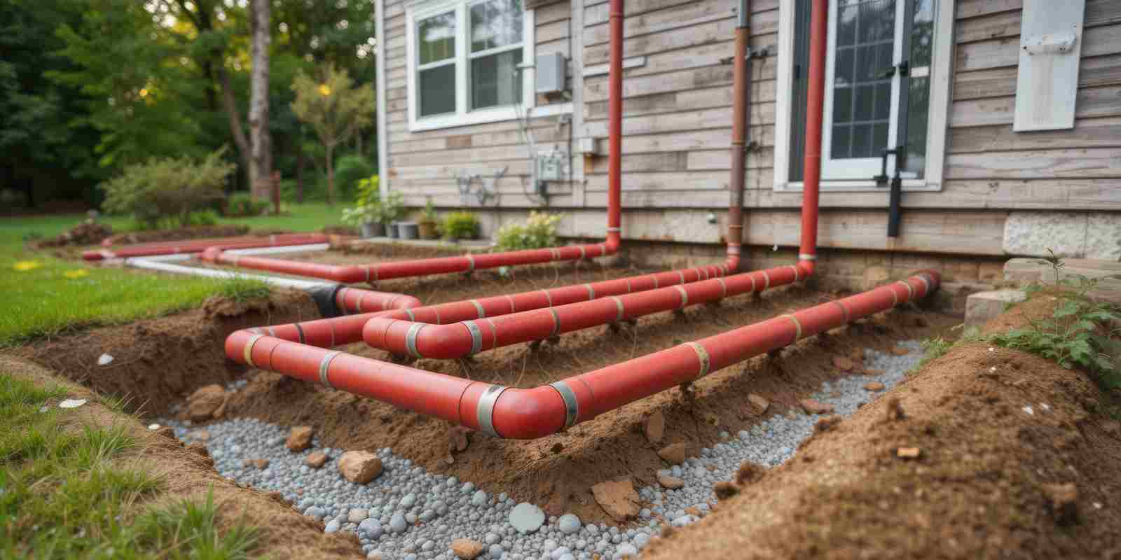 Geothermal Heat Pump Installation with Red Pipes