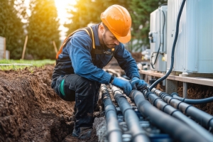 Technician Working on Geothermal System Pipes