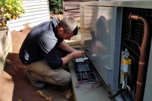 Worker Installing Geothermal Heat Pump at Ground