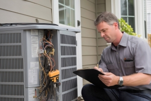 Worker Performing Maintenance on Geothermal System Outside A Home