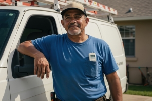 Experienced HVAC Technician Standing by Service Van