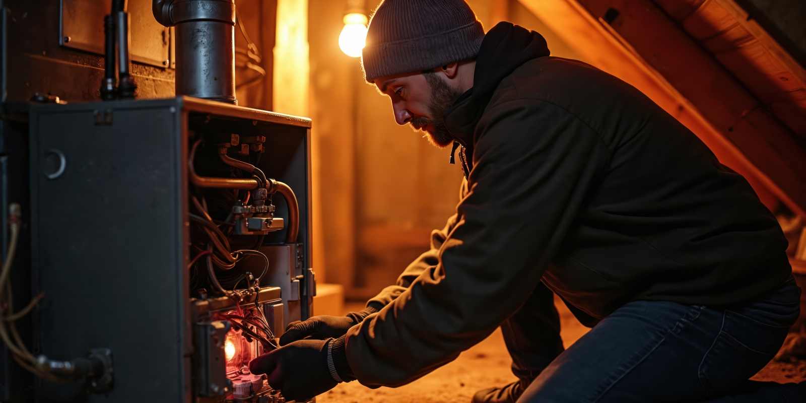 Technician in Warm Cloths Troubleshooting Gas Furnace