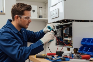 Technician Repairing Electrical Part of A Gas Furnace