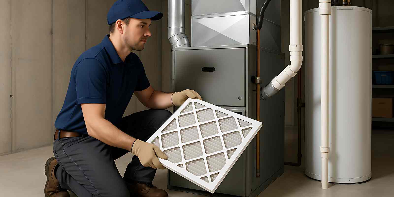 Technician Replacing Furnace Filter in A Basement