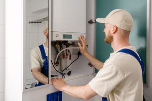 Repairman Servicing on Gas Boiler in Modern Bathroom Setup