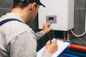 Technician Inspecting and Servicing Home Boiler System