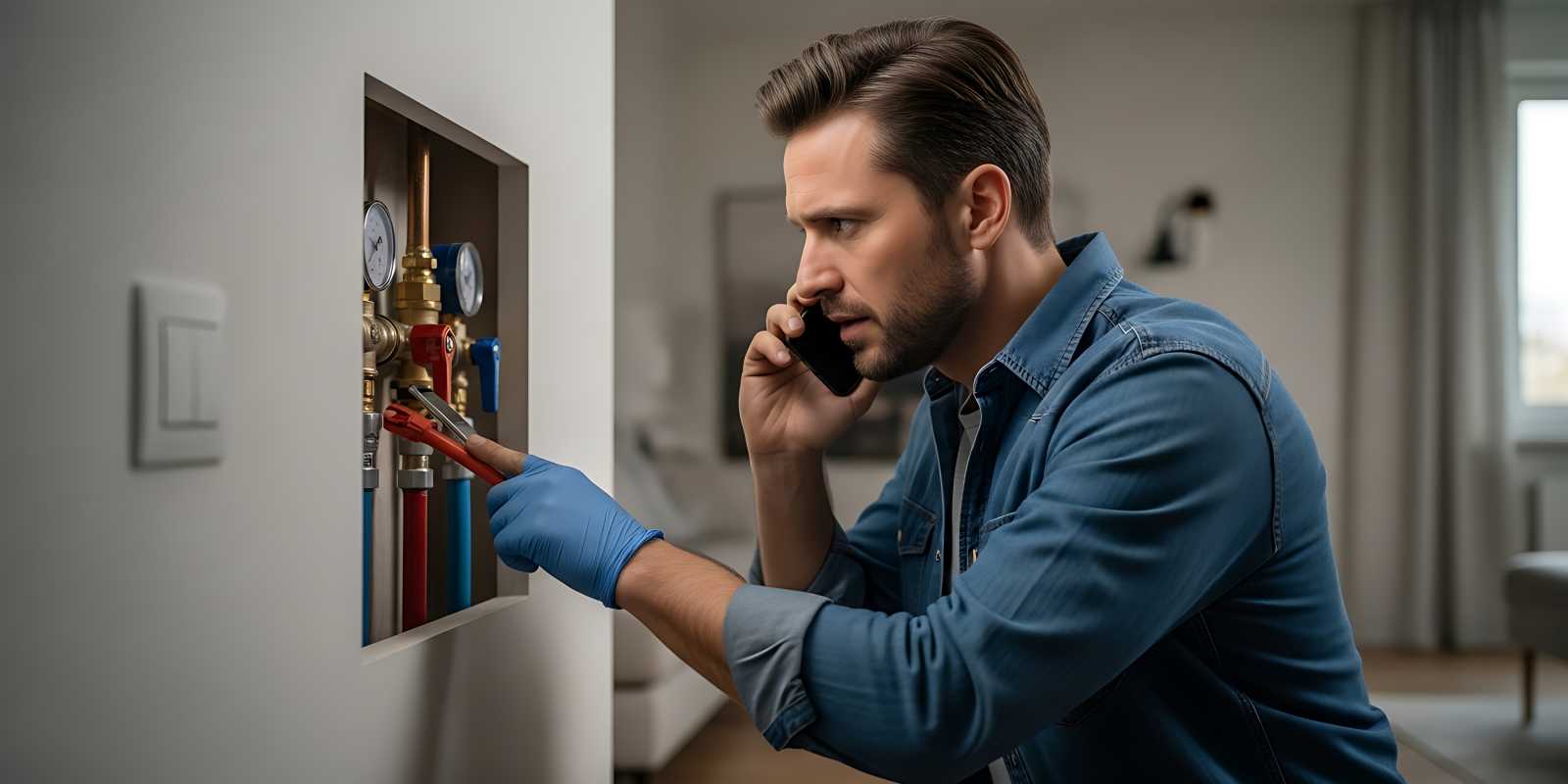 Man Checking HVAC Problems While on Phone