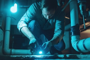 Plumber Inspecting Basement Drainage with Flashlight