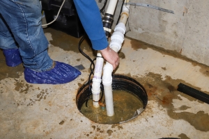 Plumber Testing Sump Pump in Basement