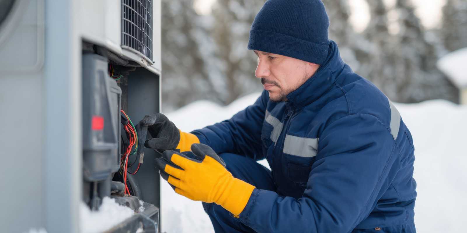 Technician Checking Outdoor HVAC System Performance in Snowy Environment