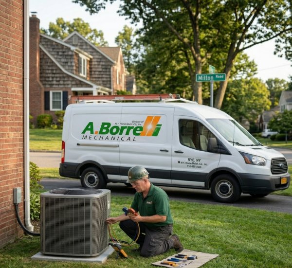http://hvac%20technician%20working%20on%20a%20unit%20next%20to%20a%20brick%20house%20in%20front%20of%20an%20a%20borrelli%20mechanical%20company%20truck