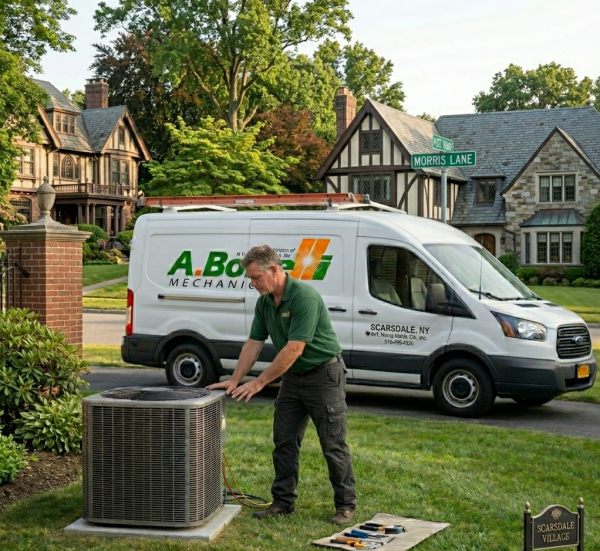 http://A%20Borrelli%20Mechanical%20employee%20working%20on%20an%20HVAC%20unit%20in%20a%20Scarsdale%20neighborhood%20in%20New%20York