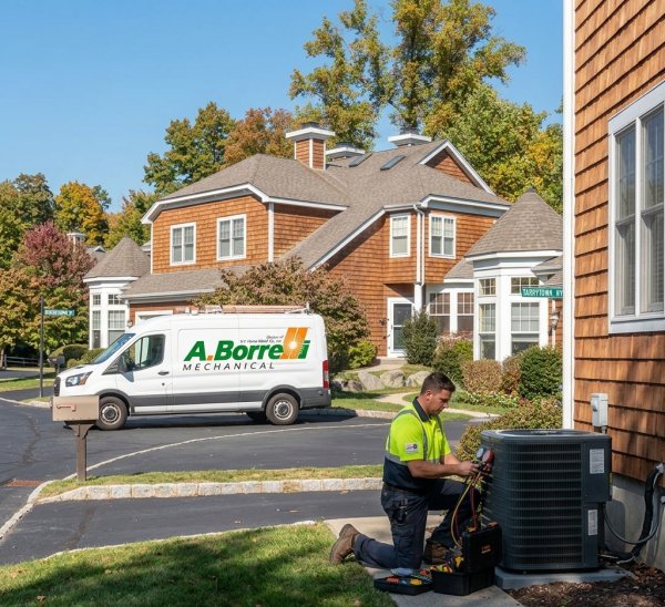 http://A%20Borrelli%20employee%20working%20on%20an%20hvac%20unit%20in%20a%20Tarrytown%20neighborhood%20with%20an%20A%20Borrelli%20work%20van%20in%20the%20background
