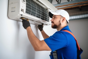 HVAC Worker Servicing AC Unit Indoor