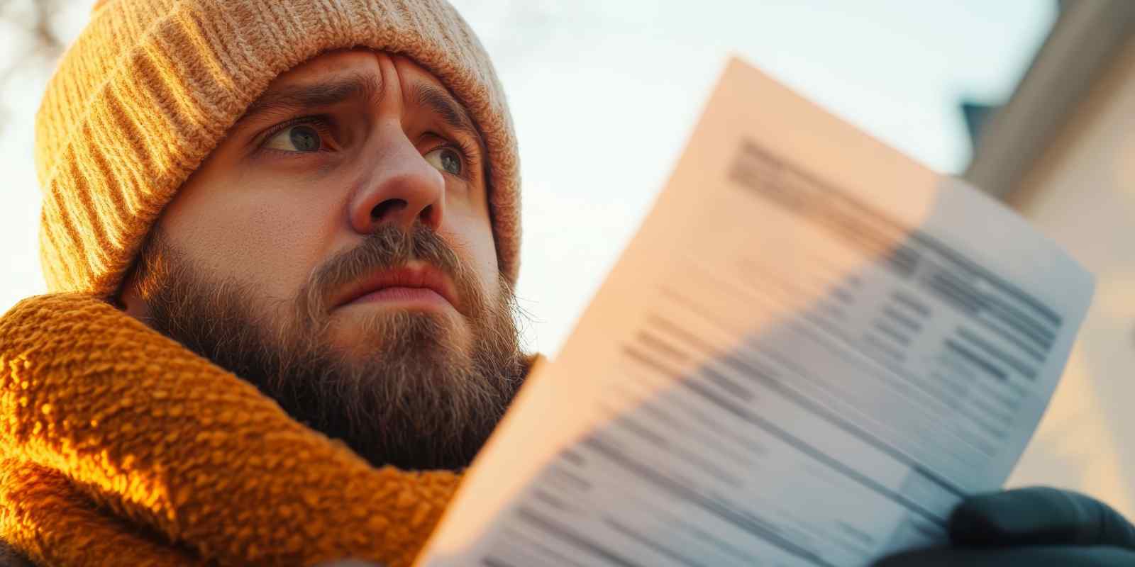 Man Holding A Heating Bill in Winter Shocked by High Energy Costs