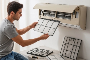 Man Replacing Air Conditioner Filter Himself DIY Maintenance