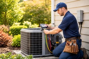 Professional Technician Servicing AC Unit Outdoors at Spring Time