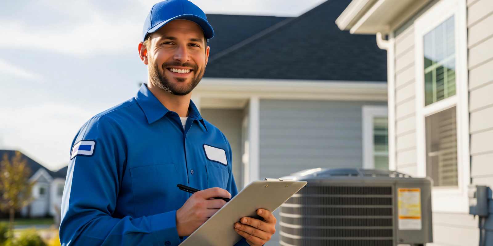 Smiling Technician with HVAC Transition Checklist for Furnace to AC
