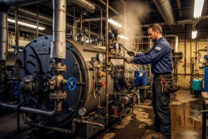 Experienced Technician Fixing Steam System of A Commercial Boiler