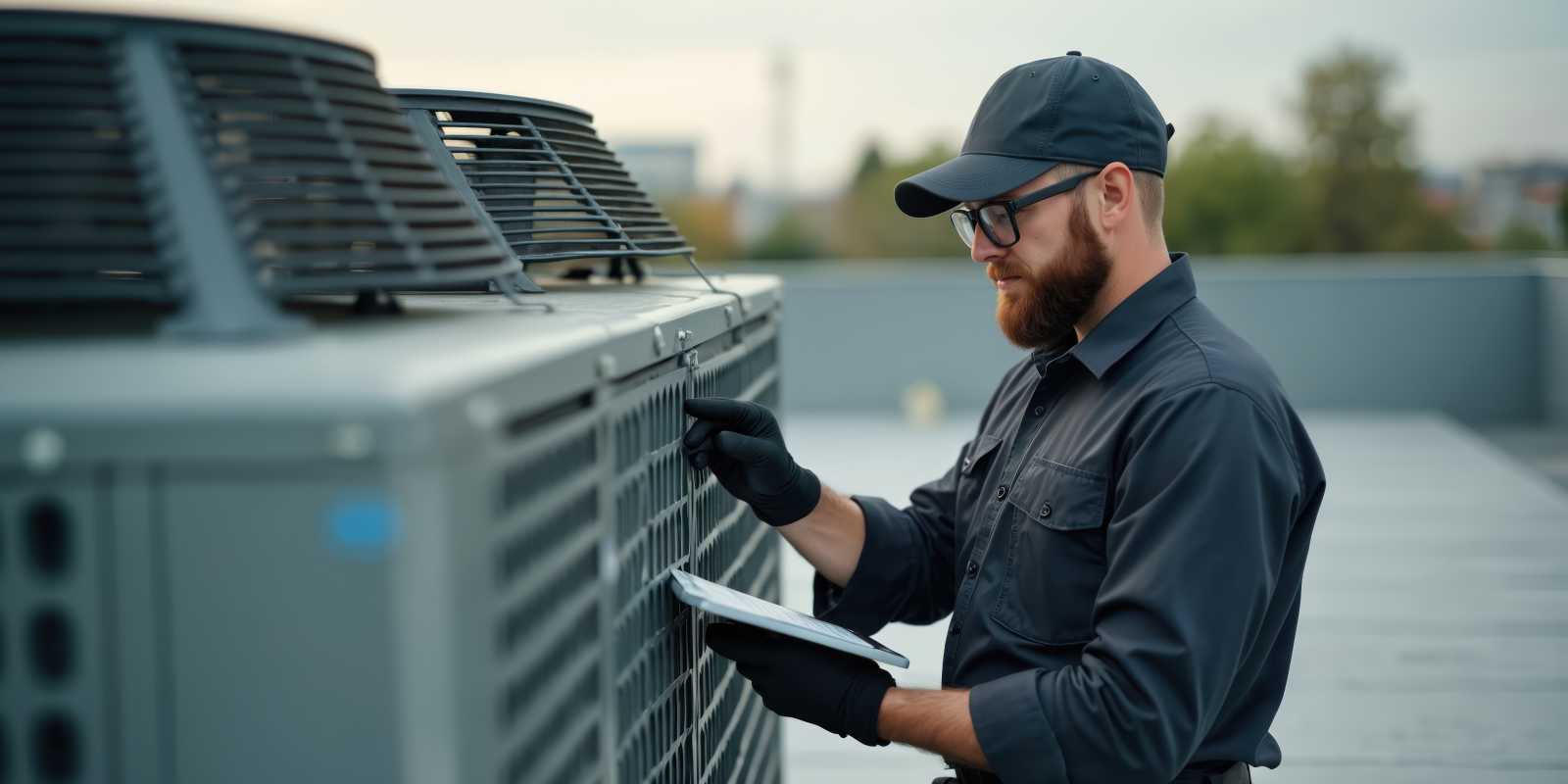 HVAC Technician in Uniform Checking Rooftop Unit Using Tablet