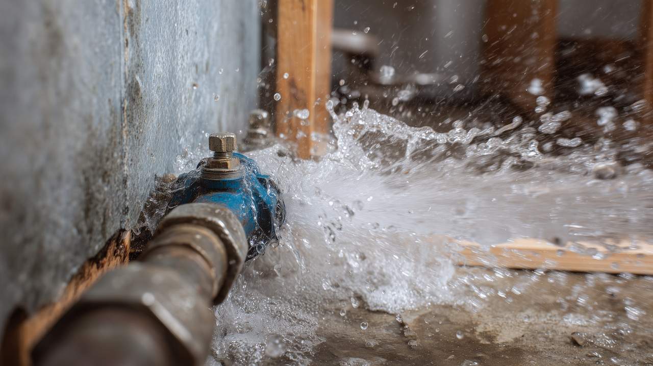 http://Burst%20pipe%20leaking%20water%20in%20a%20basement%20with%20spray%20and%20wet%20floor%20symbolizing%20emergency%20plumbing%20repair%20need.