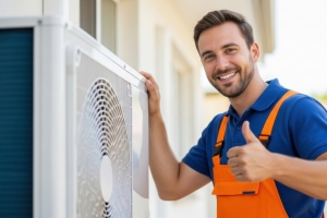 Smiling HVAC Technician Giving Thumbs Up After New AC Installation