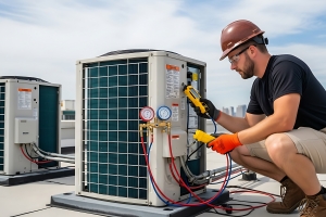 Technician Checking Performance of An Old Commercial HVAC System