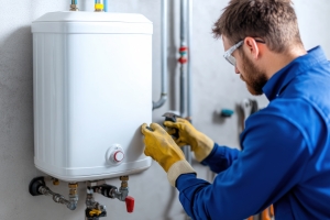 Technician Intsalling New Water Heater for Replacement of Old One