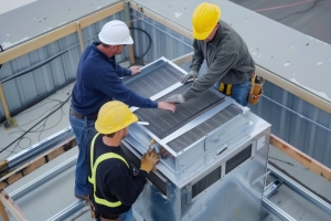 Technicians Installing HVAC Unit in Commercial Building