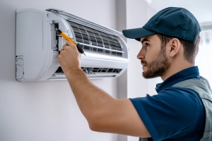 Expert Technician Repairing and Tuning Up Home AC Unit
