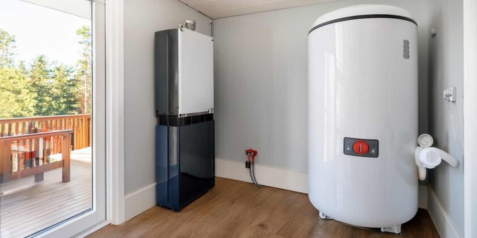 Hybrid Water Heater Installed in a Bright Clean Room