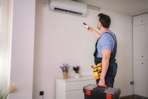 Technician Testing Air Conditioner with Remote Control