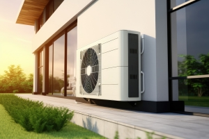 Heat Pump System Installed on a Modern House Outdoors