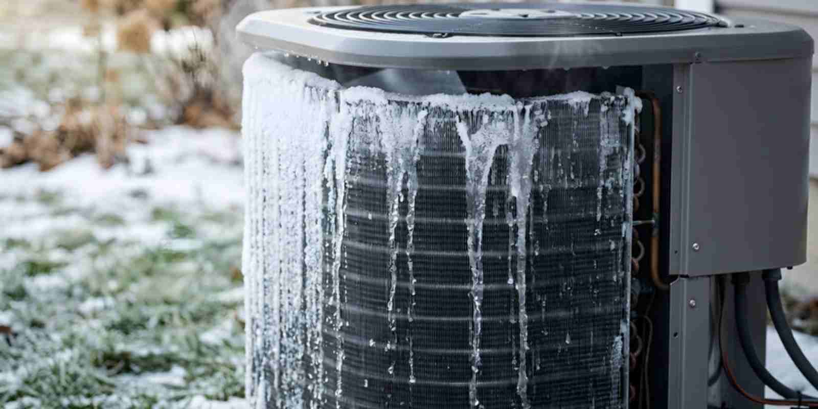Frozen Outdoor AC Unit Covered in Ice and Icicles