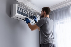 HVAC Technican Servicing Indoor AC Unit Before Summer in Westchester