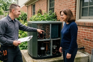 HVAC Technician Explaining Replacement of Outdoor Condenser Unit to Owner