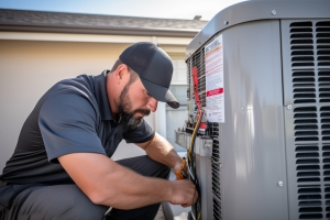 HVAC Technician Installing Condenser to AC Unit in Pleasantville