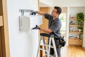 HVAC Technician Installing Ductless Mini-Split AC on Wall of a Pleasantville Home