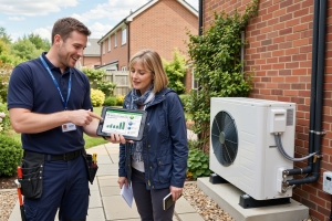 Technican Explaining Heat Pump Energy Efficiency According to Manual J Load Calculations