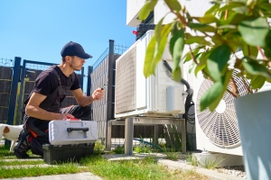 Technician Checking Condenser of an Outdoor AC Unit