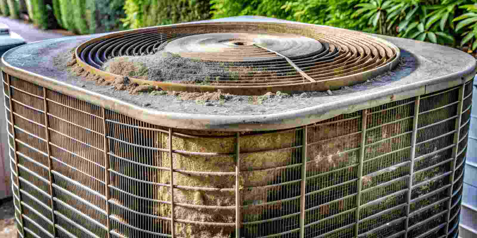 Dirty Heat Pump Covered in Thick Dust and Dirt Needing Repair and Cleaning