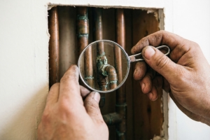 Plumber Using a Magnifying Glass to Inspect Old Corroded Copper Pipes for Repair or Replacement