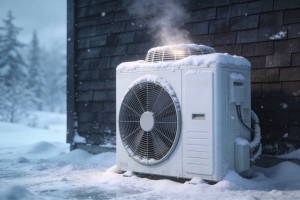 Steam Appearing from a Heat Pump Unit During a Snowy Winter Day