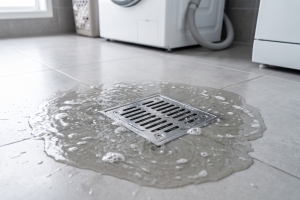 Clogged Metal Drain Overflowing with Water in Tiled Laundry Room