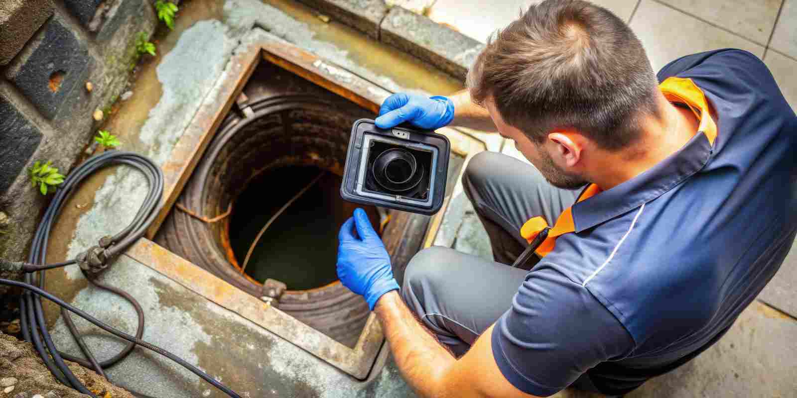 Drain Cleaning Expert Using a Camera to Inspect a Clogged Drain Before Clearing it Out