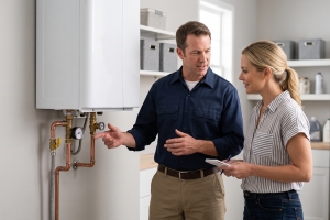 Expert Plumber Explaining Tankless Water Heater Inspection to Client