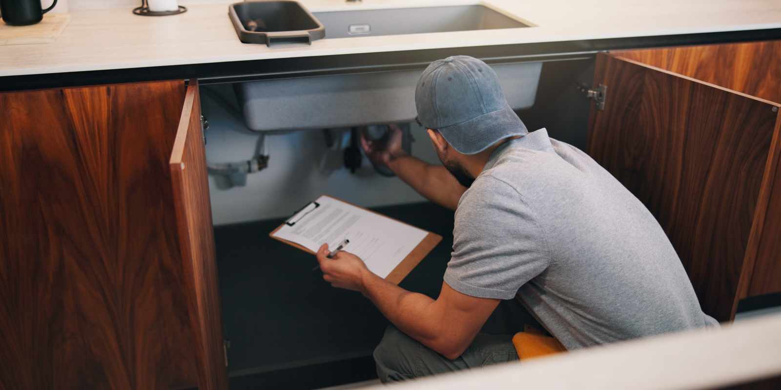 Plumber with Clipboard Inspecting Kitchen Sink Pipes for Quality Assurance